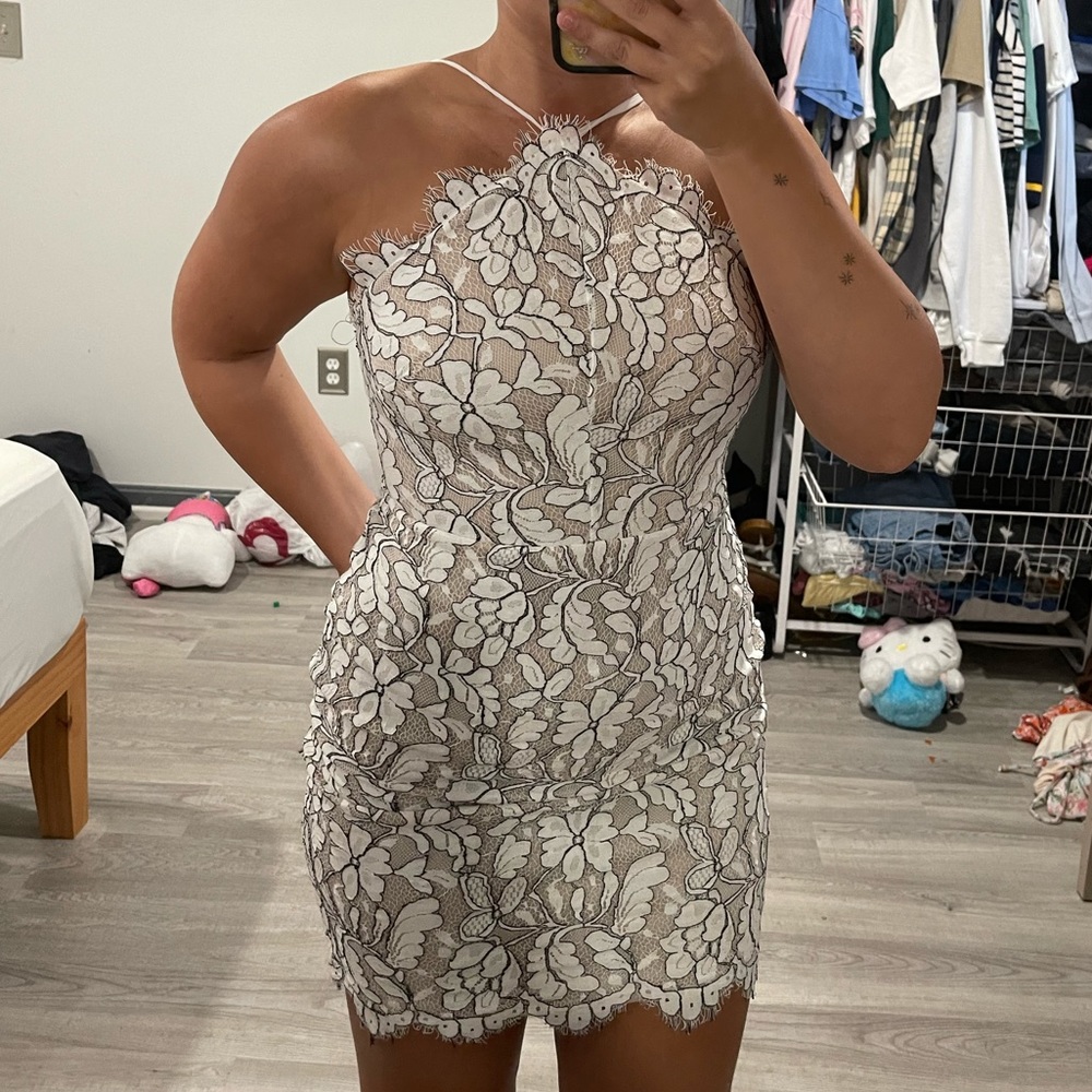 Lulus beige and ivory white halter eyelash lace mini bodycon dress🤍